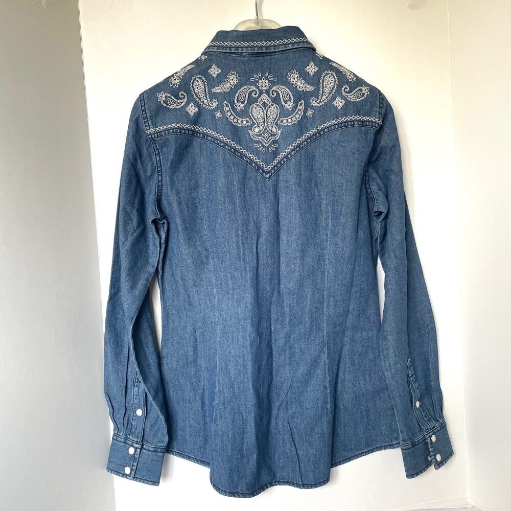 Wrangler Western Denim Shirt Blue Retro Embroidered Womens XS - Picture 3 of 6